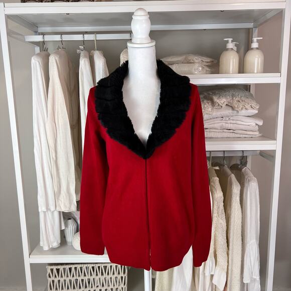 Laura Scott Red cardigan vegan fur collar.  Women's medium.  Item# 0136 - Picture 1 of 6